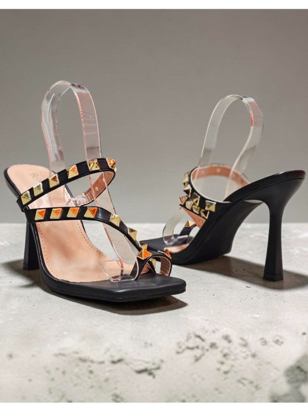 Black Studded High Heel Sandals With Straps And Square Toe Design For Women